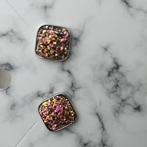 Stainless Steel Druzy Stud Earrings Square Shape Gold w Pink (1)